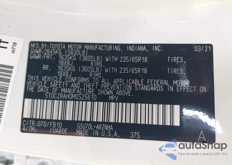 2021 Toyota Highlander L z USA, uszkodzony, nr VIN 5TDCZRAH0MS525610